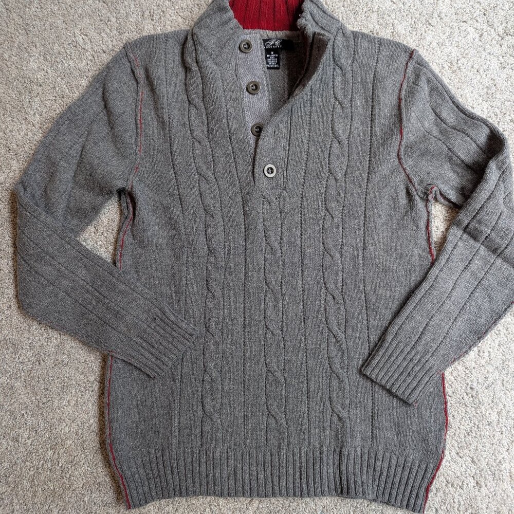 Men's Foxcroft Merino Wool High Neck Button Front Cable Knit Sweater - Grey, M